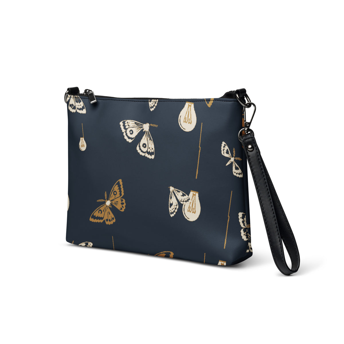 Moth Party Crossbody Bag with deep navy ivory and ochre moth and lightbulb pattern, left front view