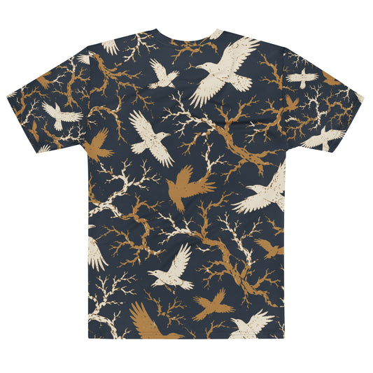 Back view of men's all-over print raven t-shirt showing continuous branch and bird pattern across the shoulders