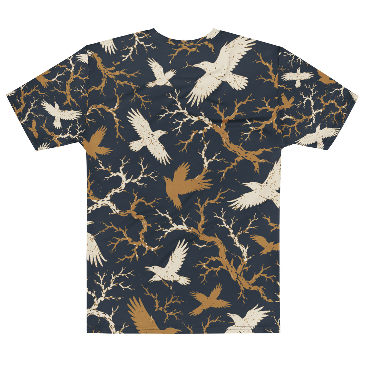 Back view of men's all-over print raven t-shirt showing continuous branch and bird pattern across the shoulders