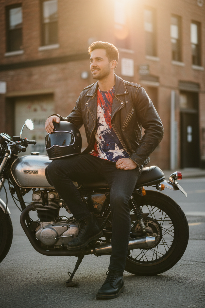 Grunge Stars and Stripes all-over print tee in distressed red, white, and blue with scattered stars and ragged stripes from No 925