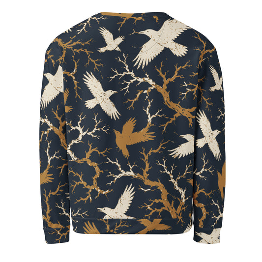 Raven print sweatshirt back view with the same gothic branch and bird pattern wrapping the full unisex crewneck