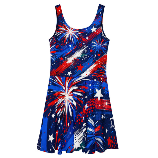 Back view of the Star-Spangled Sky all-over print skater dress, red, white, and blue fireworks and stars wrapping the bodice and flared skirt on navy, No 925 Fourth of July dress