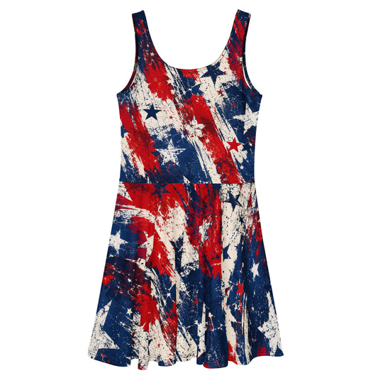 Grunge Stars and Stripes all-over print skater dress in distressed red, white, and blue with scattered stars from No 925