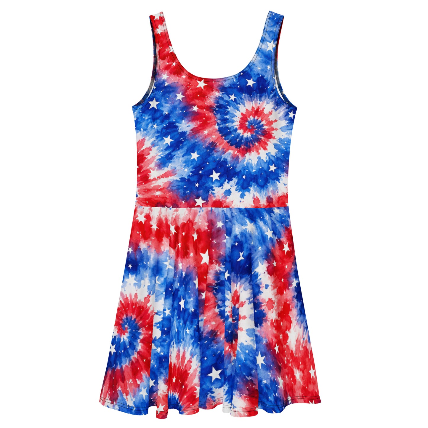 Tie-Dye RWB skater dress in a red, white, and blue spiral tie-dye with scattered white stars from No 925