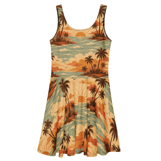 Golden-Hour Summer skater dress with a retro tropical print of palm islands and golden sunsets in warm amber and teal from No 925