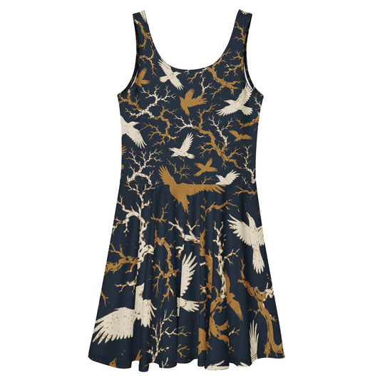 Back view of all-over print raven skater dress showing continuous branch and bird pattern across the bodice and flared skirt