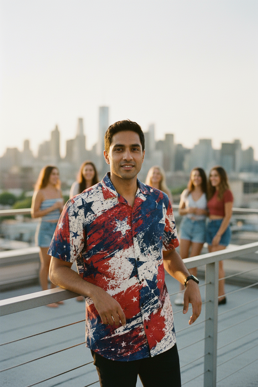 Grunge Stars and Stripes Hawaiian Shirt in white, front view, alternate view 3