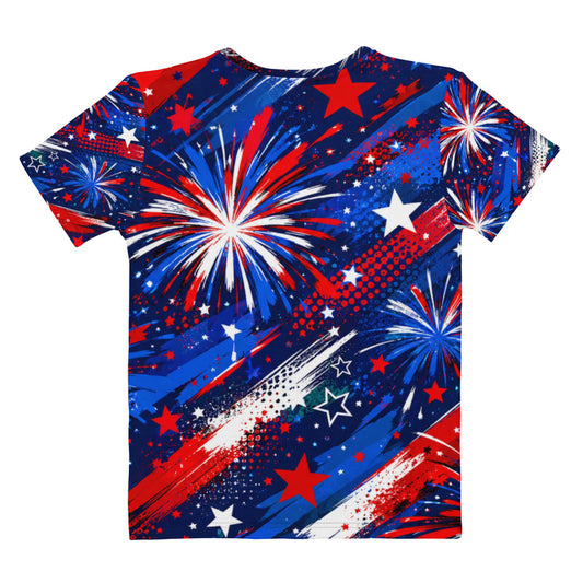 Back view of the Star-Spangled Sky women's all-over print t-shirt, red, white, and blue fireworks, stars, and streaks continuing edge to edge on navy, No 925 Fourth of July tee