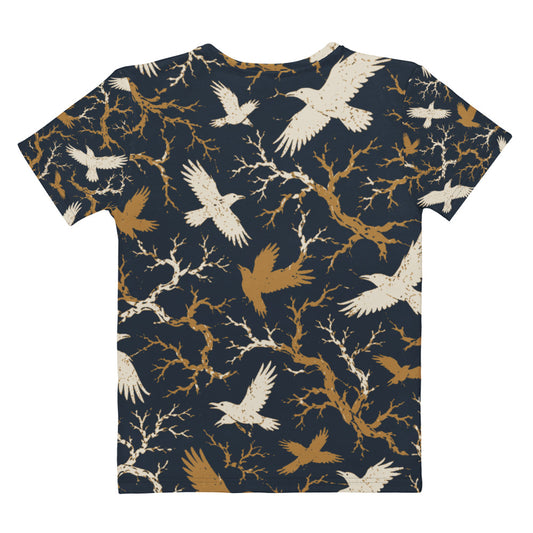 Back view of women's all-over print raven t-shirt showing continuous branch and bird pattern across the shoulders