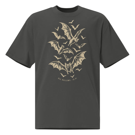 All Hallows 10.31 oversized faded t-shirt in faded coal showing the tan bat flock print and boxy dropped-shoulder fit