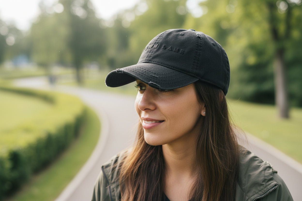 My Own Lane distressed dad hat in black, front view showing black on black geometric MY OWN LANE embroidery across front panel, distressed brim and crown, low profile unstructured fit.