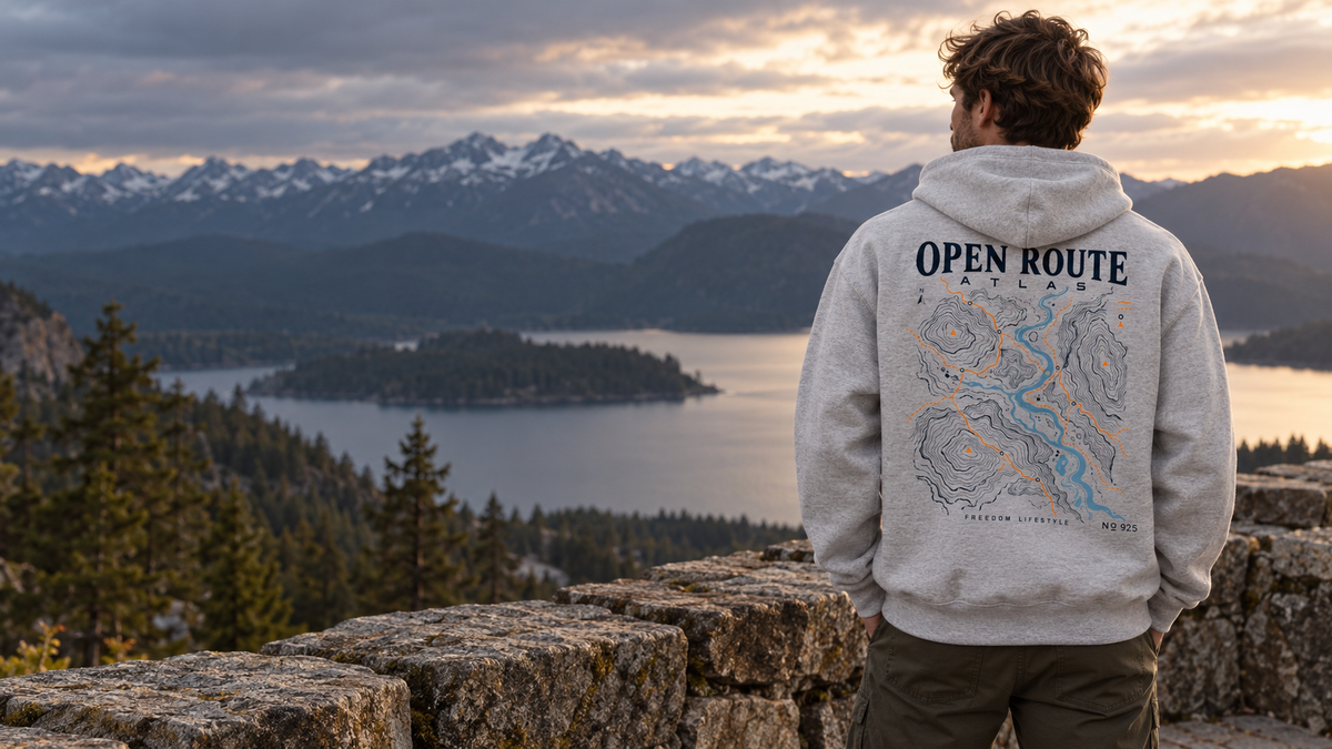 Open Route Atlas oversized hoodie worn outdoors, showing the back artwork