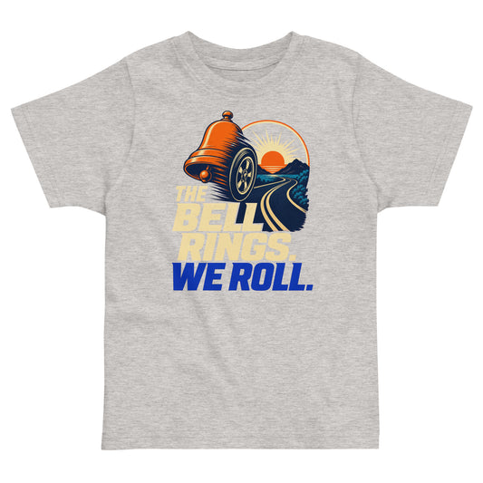 Bell Rings, We Roll Toddler jersey t-shirt in heather, front view