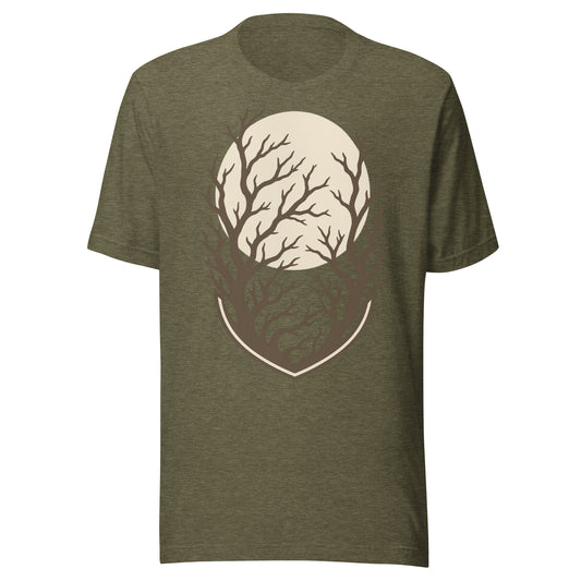 Own the Dark Completely unisex t-shirt in heather olive showing the full brown and cream moon and branches print up close