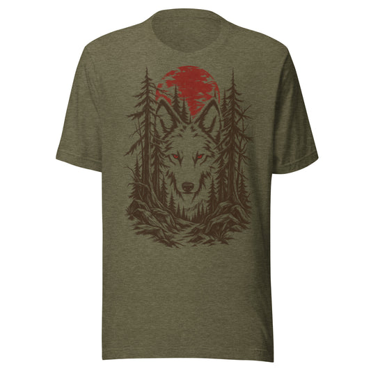 The Watcher t-shirt in heather olive colorway with the same wolf and pine forest graphic under a blood red moon