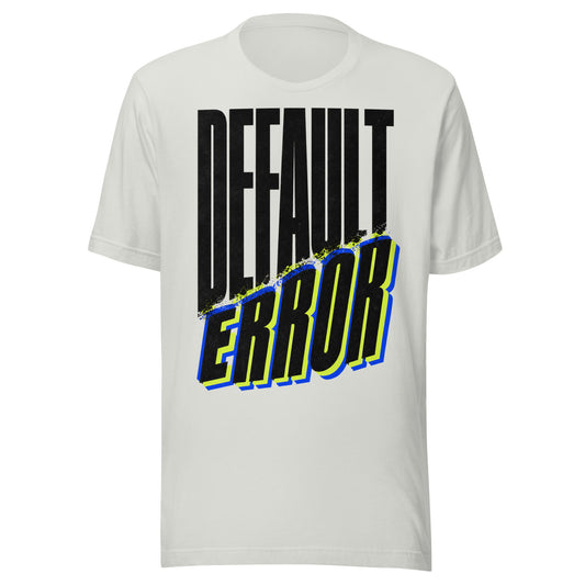 Default Error graphic tee in athletic heather with DEFAULT in tall black type and ERROR breaking away on a diagonal in lime green and blue