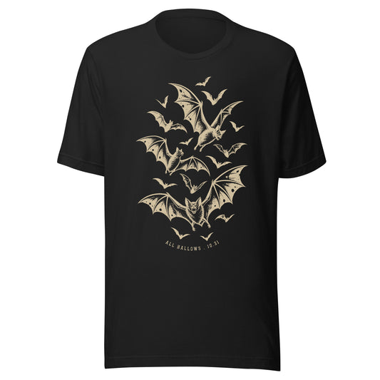 All hallows 10.31 unisex t-shirt in vintage black with a bat swarm graphic and date lettering