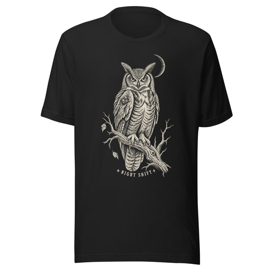 Night shift unisex t-shirt in vintage black featuring a great horned owl and moon chest print