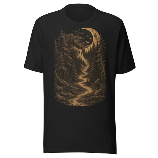 Vintage black hollow trail graphic tee featuring a haunted forest scene with bats and a moonlit trail