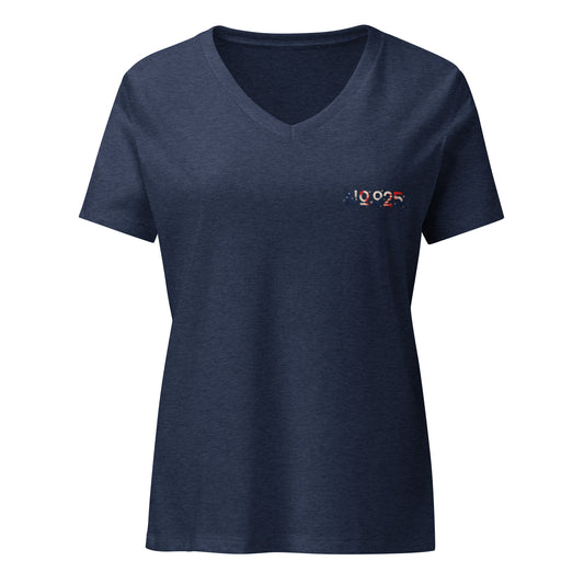 Red White and Day Women’s Relaxed V-neck T-shirt in heather navy, front view