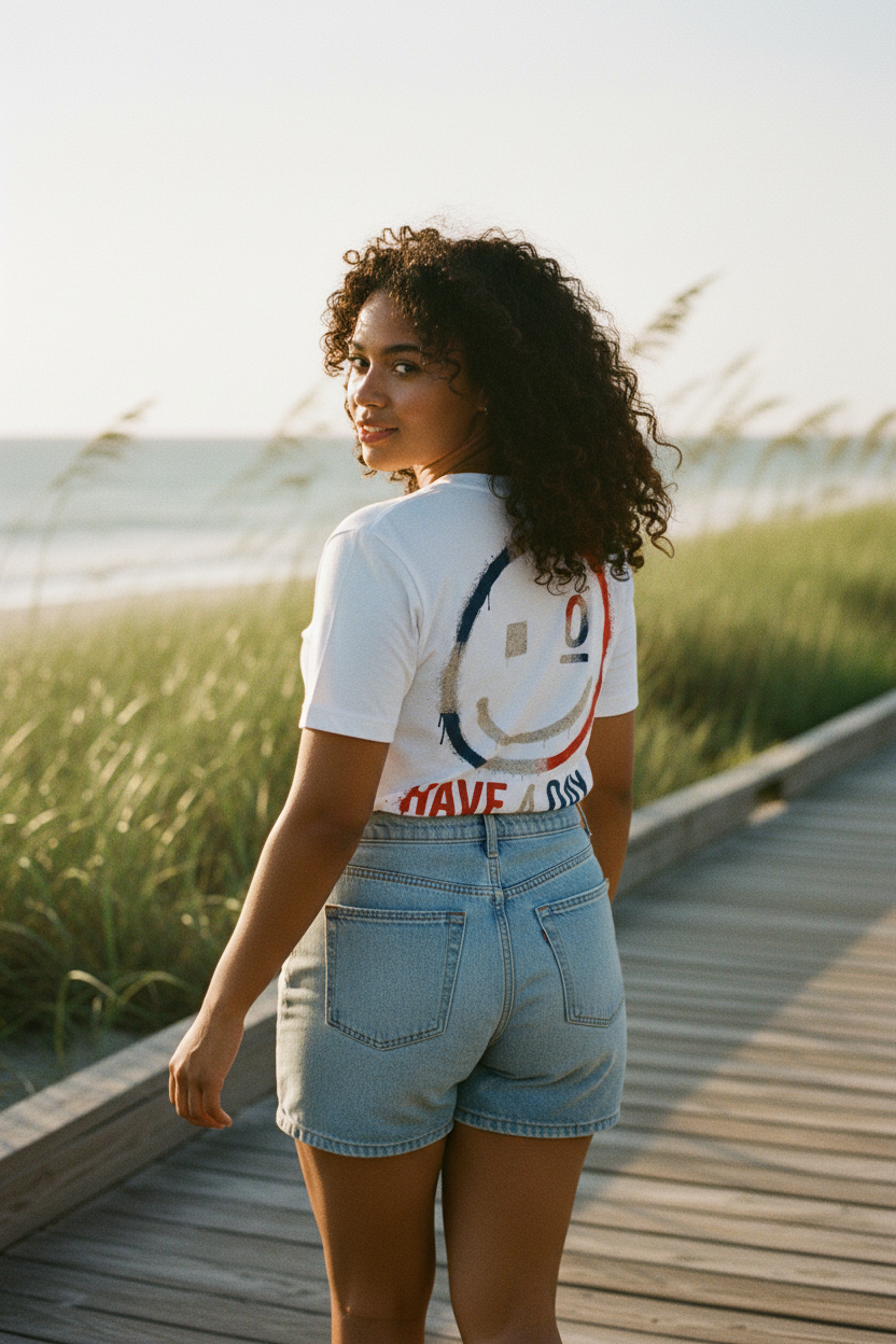Red White and Day Women’s Relaxed V-neck T-shirt in solid white blend, back view, alternate view
