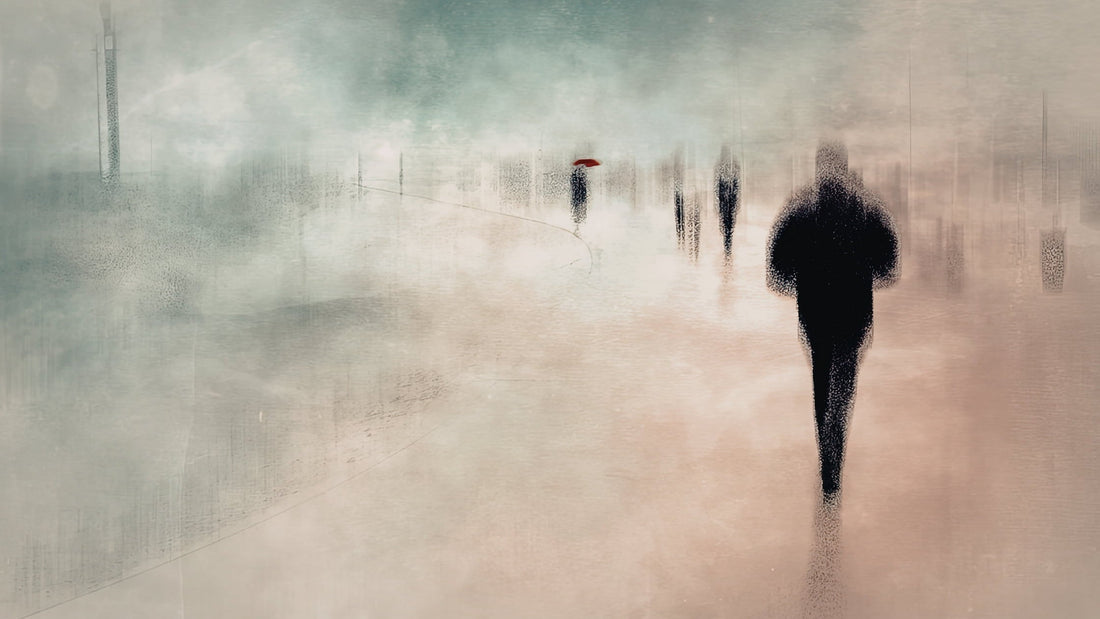 An atmospheric abstract painting of dark silhouettes walking through a foggy, wet cityscape, with a single distant figure holding a bright red umbrella.