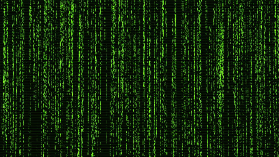Green digital code cascading vertically down a black screen, mimicking a classic sci-fi matrix data background.