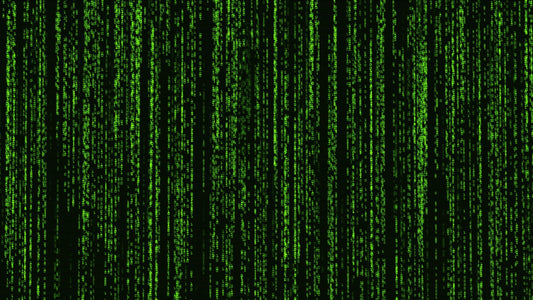 Green digital code cascading vertically down a black screen, mimicking a classic sci-fi matrix data background.