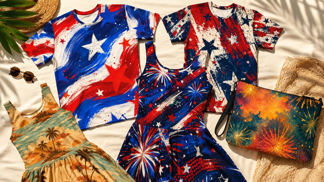 Vivid flat-lay of No 925 all-over print tees, dresses, and a crossbody bag including patriotic and tropical prints