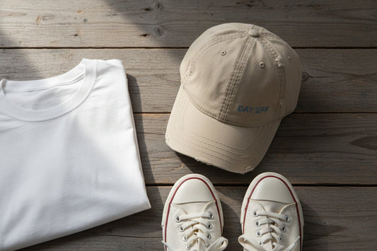 Person at a craft beer brewery patio table at golden hour wearing the No 925 Day Off khaki distressed dad hat