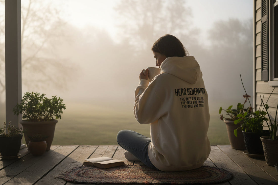 Person on a foggy morning porch wearing the No 925 Hero Generation oversized graphic hoodie holding a coffee mug