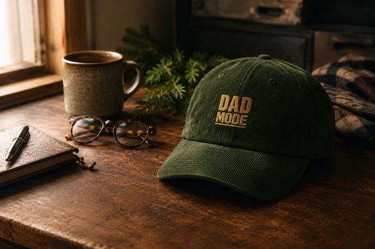 Father's Day gifts for the self-employed dad from No 925, a Dad Mode cap and coffee on a wooden desk