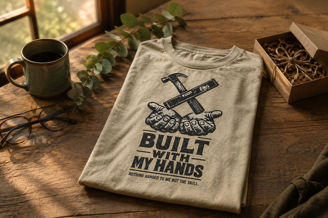 Meaningful Father's Day shirts for dad from No 925, with the Built With My Hands graphic tee folded as a gift set