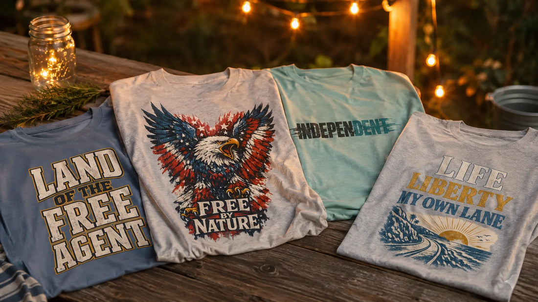 No 925 Independence Day graphic tees laid on a rustic outdoor table at golden hour with string lights