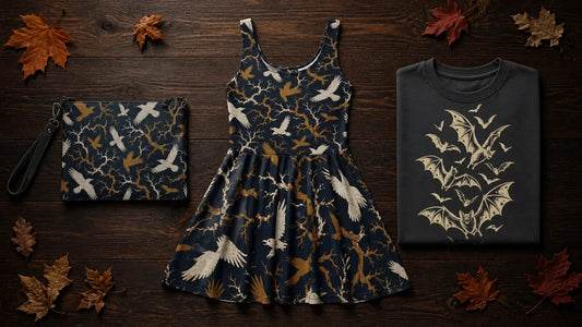 NO.925 Ravens crossbody bag, Ravens skater dress, and the All Hallows 10.31 Oversized faded t-shirt with its real bat swarm graphic, arranged as a gift flat-lay