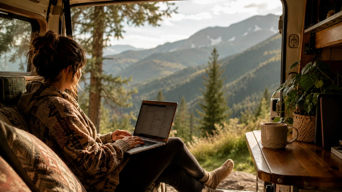 Working on a laptop in a camper van with the door open to a mountain view at golden hour