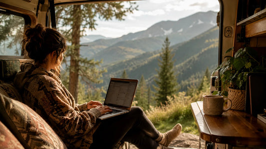 Working on a laptop in a camper van with the door open to a mountain view at golden hour
