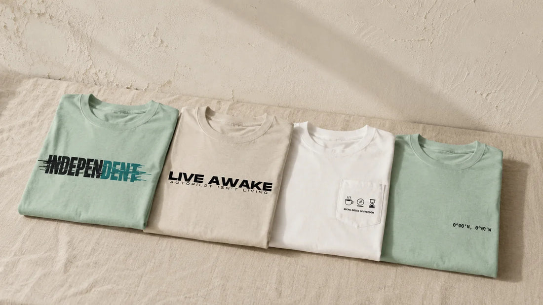 Minimalist No 925 graphic tees folded in a row on a soft neutral background with clean negative space