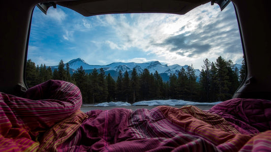 View from inside a car at dusk with a sleeping bag in the foreground, snow-capped mountains and pine forest beyond