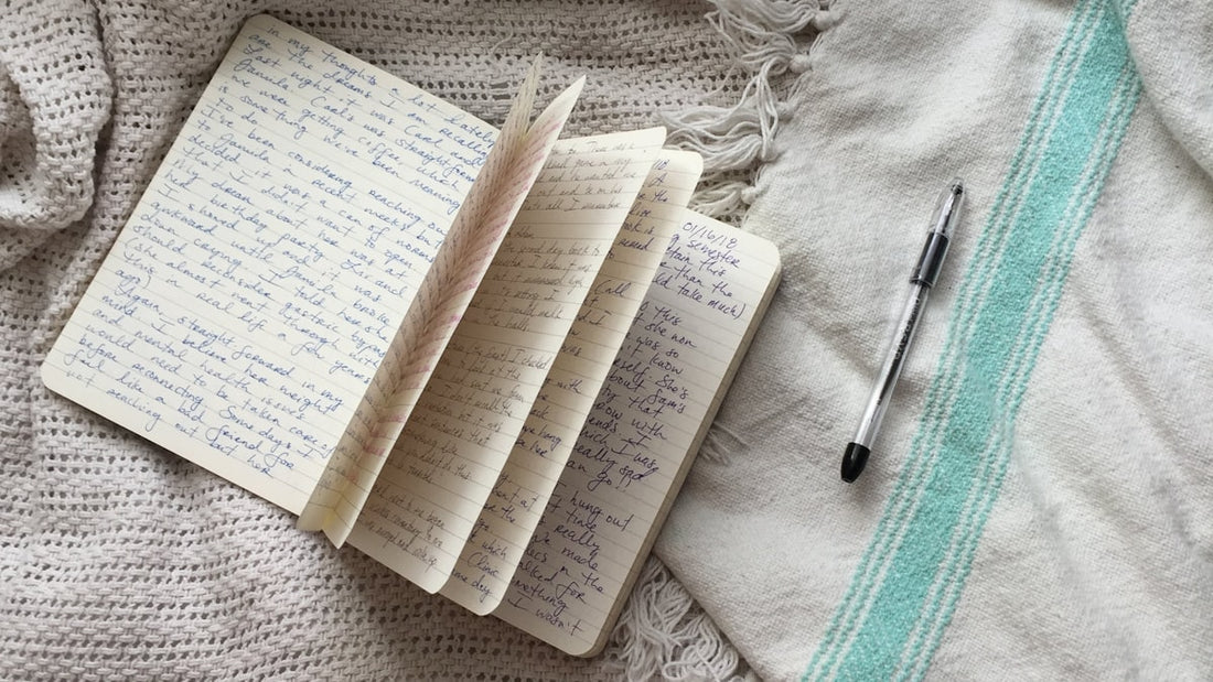 An open handwritten journal with a pen resting on a bed with knit blankets