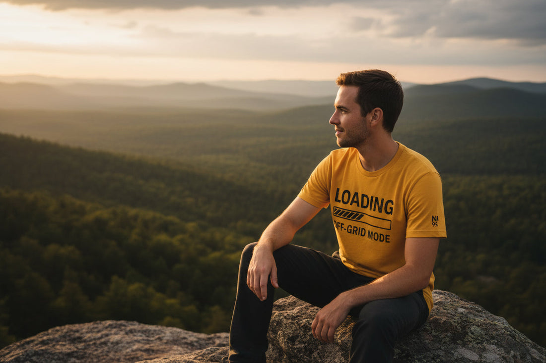 Person reading at a sunlit kitchen counter wearing the No 925 Loading Off-Grid Mode mustard graphic tee, autumn morning vibe