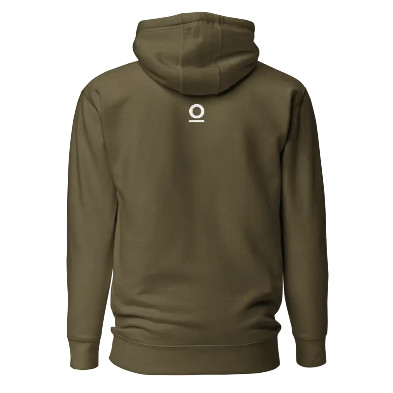 Designed My Own Life graphic hoodie in olive, back view showing small centered white No 925 baseline glyph on upper back, clean unprinted lower back.