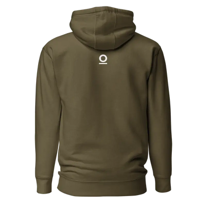 Designed My Own Life graphic hoodie in olive, back view showing small centered white No 925 baseline glyph on upper back, clean unprinted lower back.