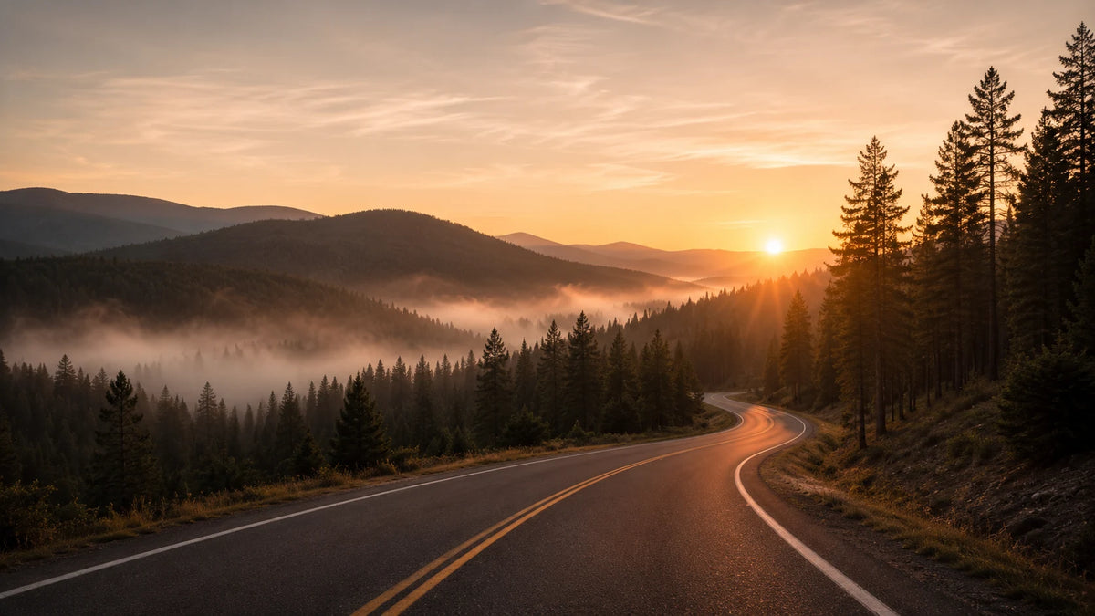 Empty two-lane road winding through misty pine hills toward sunrise
