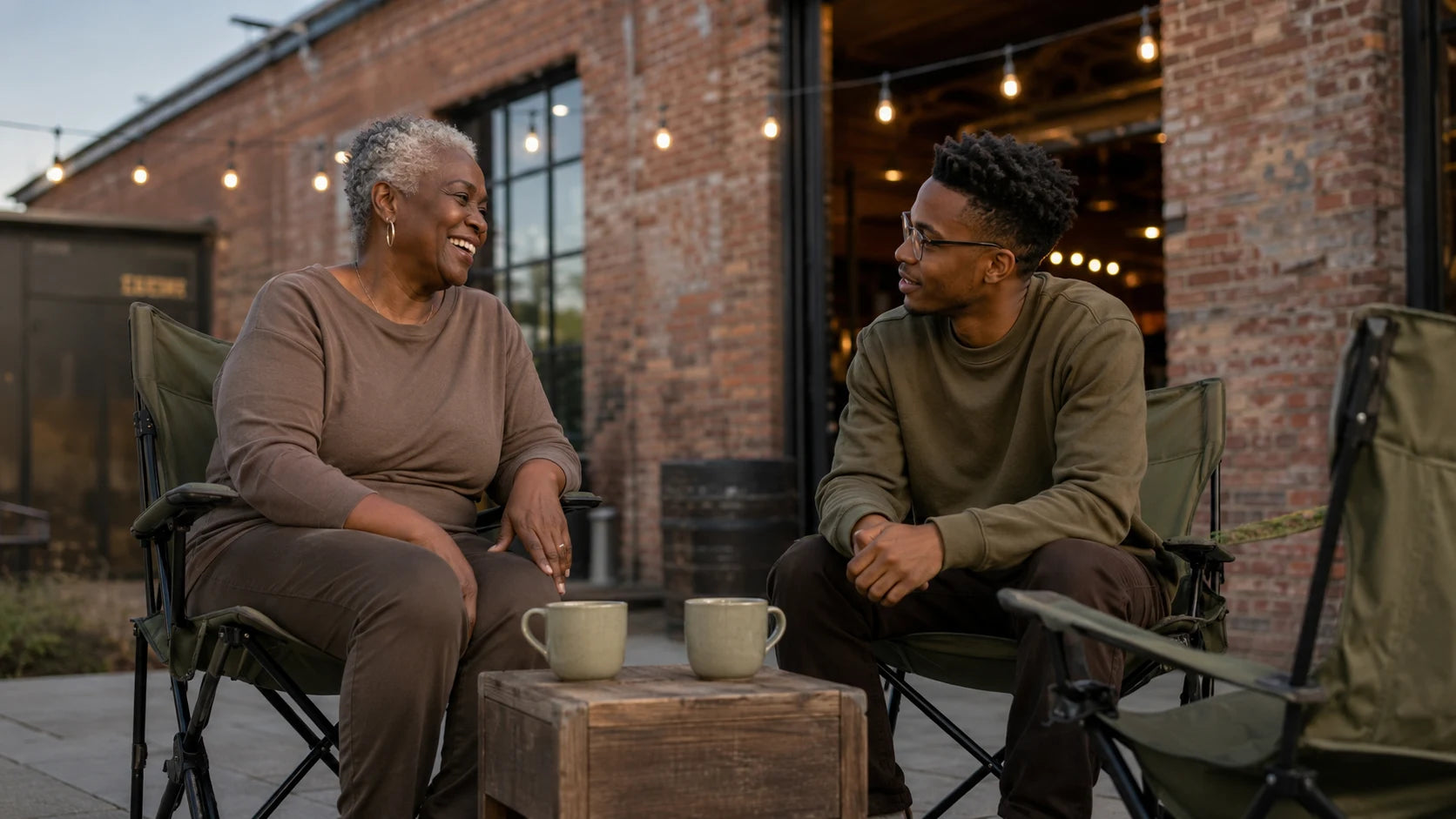 Two people in conversation outside a brick taproom, Freedom Files interview series