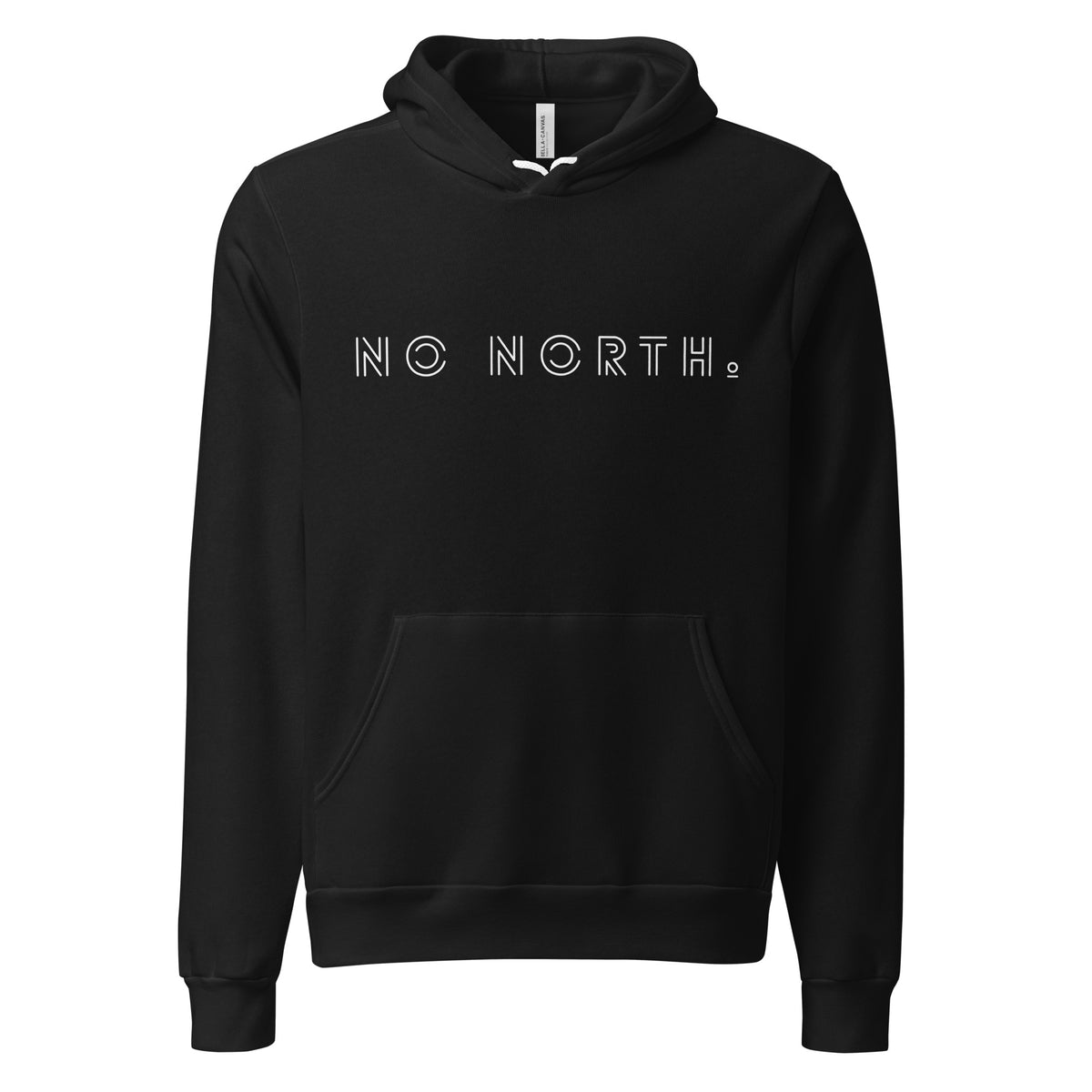 No North lightweight hoodie in black, front view showing thin white geometric NO NORTH. typography across the chest, regular fit with front pouch pocket.