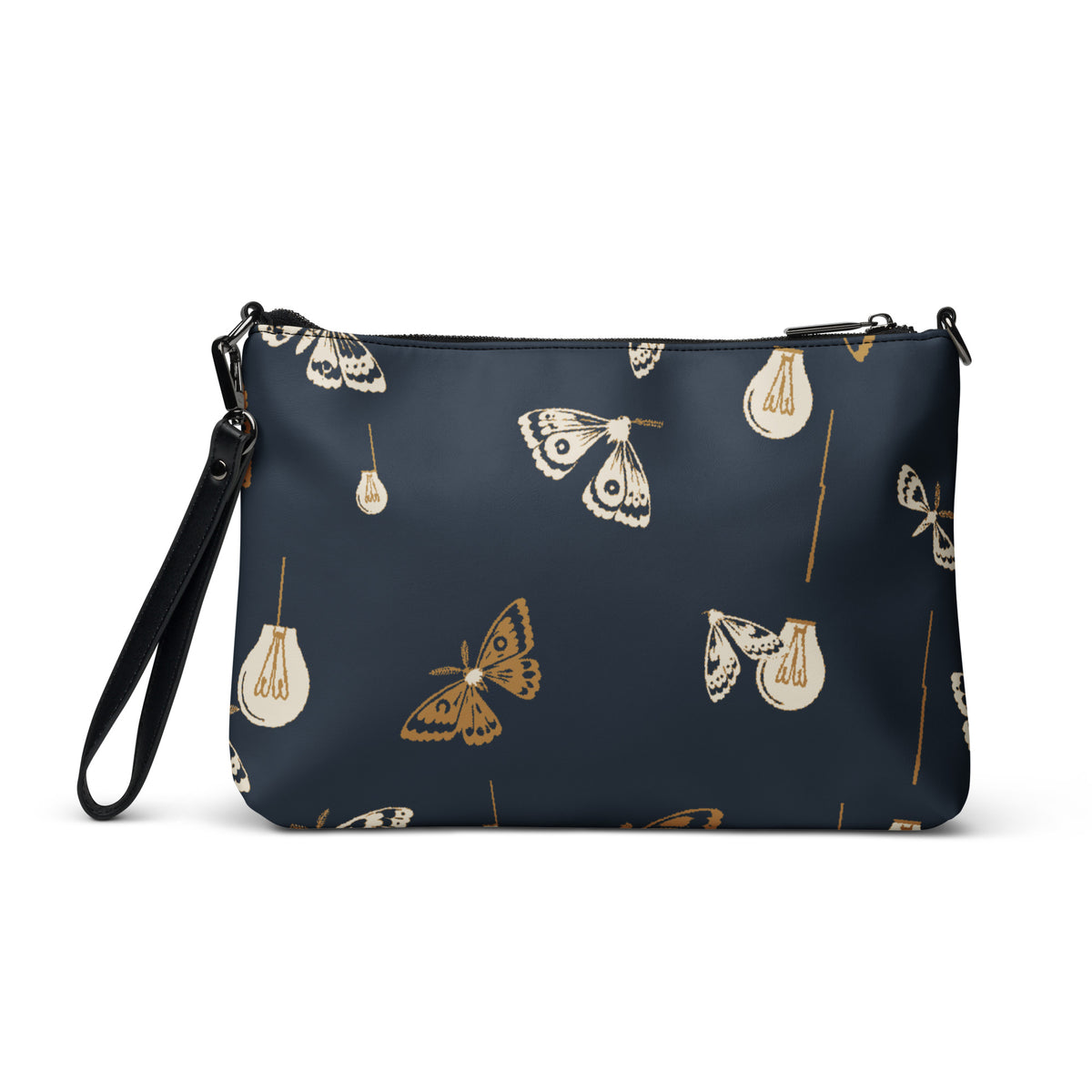 Moth Party Crossbody Bag with deep navy ivory and ochre moth and lightbulb pattern, back view