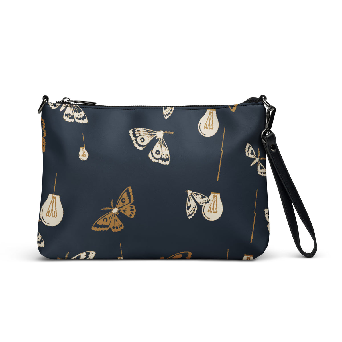 Moth Party Crossbody Bag with deep navy ivory and ochre moth and lightbulb pattern, front view