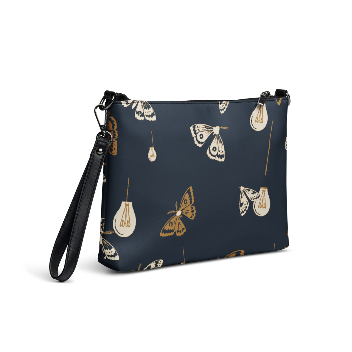 Moth Party Crossbody Bag with deep navy ivory and ochre moth and lightbulb pattern, right back view