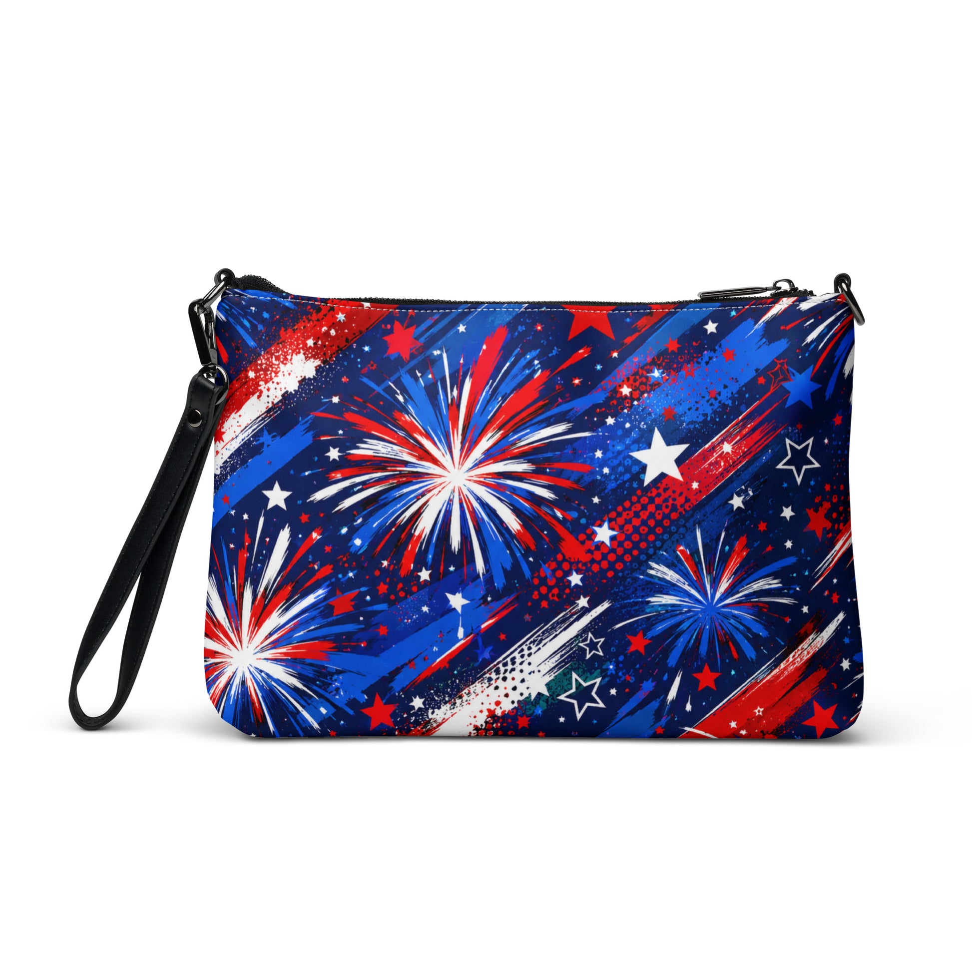 Star-Spangled Sky all-over print crossbody bag with red, white, and blue fireworks bursts and stars on deep navy, black hardware and removable strap